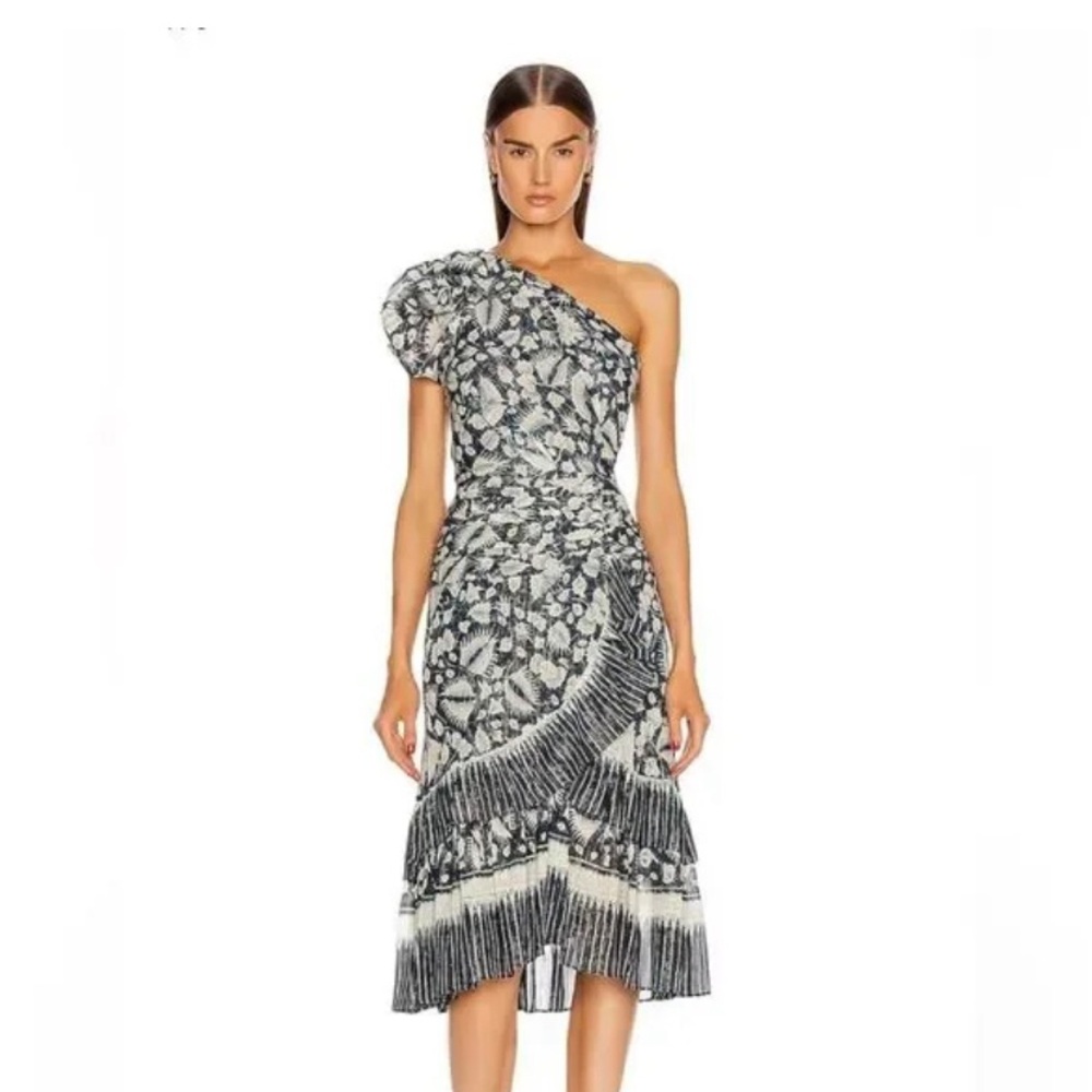NWT Ulla Johnson Anja One-Shoulder Dress Size 8 Silk Cotton Metallic Ruffle Gown